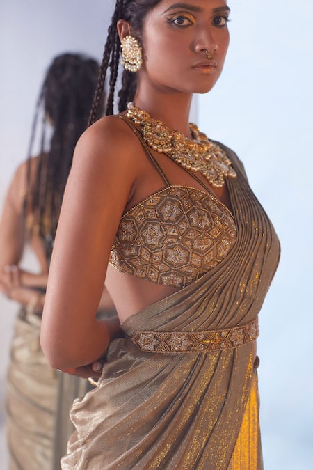 Buy_Moledro_Gold Modal Satin, Lycra, Lurex Plunge Naaz Pre-draped Lehenga Saree And Blouse _Online_at_Aza_Fashions