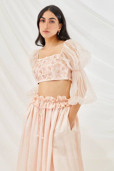 Shop Lavanya Ahuja Peach Georgette, Silk Organza, Satin Lining Embroidered Blouse And Lehenga Set Online at Aza Fashions Shop_Lavanya Ahuja_Peach Georgette, Silk Organza, Satin Lining Embroidered Blouse And Lehenga Set _Online_at_Aza_Fashions