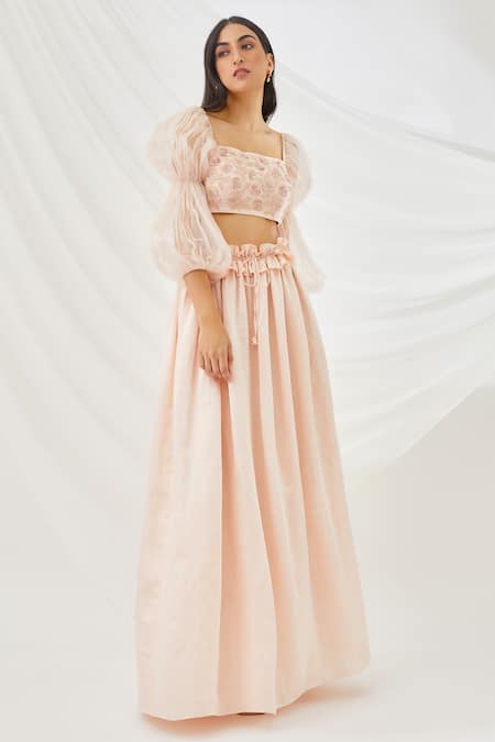 Shop Lavanya Ahuja Peach Georgette, Silk Organza, Satin Lining Embroidered Blouse And Lehenga Set at Aza Fashions Shop_Lavanya Ahuja_Peach Georgette, Silk Organza, Satin Lining Embroidered Blouse And Lehenga Set _at_Aza_Fashions