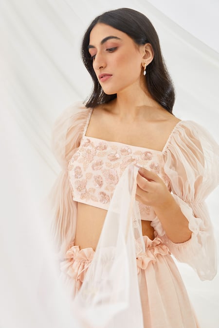 Lavanya Ahuja Peach Georgette, Silk Organza, Satin Lining Embroidered Blouse And Lehenga Set at Aza Fashions Lavanya Ahuja_Peach Georgette, Silk Organza, Satin Lining Embroidered Blouse And Lehenga Set _at_Aza_Fashions