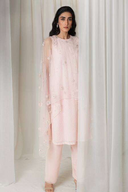 Shop Lavanya Ahuja Pink Net, Georgette Round Draped Kurta And Pant Set at Aza Fashions Shop_Lavanya Ahuja_Pink Net, Georgette Round Draped Kurta And Pant Set_at_Aza_Fashions