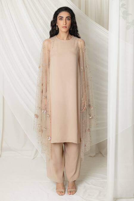 Lavanya Ahuja Gold Net, Georgette Round Draped Kurta And Pant Set Online at Aza Fashions Lavanya Ahuja_Gold Net, Georgette Round Draped Kurta And Pant Set_Online_at_Aza_Fashions