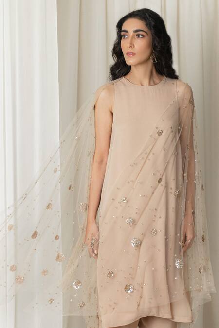 Lavanya Ahuja Gold Net, Georgette Round Draped Kurta And Pant Set at Aza Fashions Lavanya Ahuja_Gold Net, Georgette Round Draped Kurta And Pant Set_at_Aza_Fashions