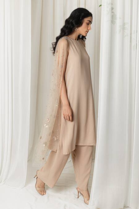 Shop Lavanya Ahuja Gold Net, Georgette Round Draped Kurta And Pant Set at Aza Fashions Shop_Lavanya Ahuja_Gold Net, Georgette Round Draped Kurta And Pant Set_at_Aza_Fashions