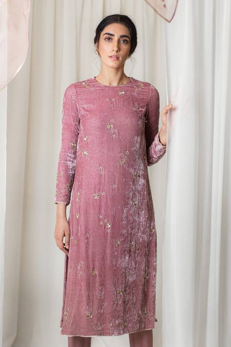 Shop Lavanya Ahuja Pink Velvet, Viscose, Organza Round Kurta Set Online at Aza Fashions Shop_Lavanya Ahuja_Pink Velvet, Viscose, Organza Round Kurta Set _Online_at_Aza_Fashions
