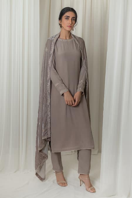 Shop_Lavanya Ahuja_Grey Silk Velvet, Crepe Round Kurta Set With Dupatta _at_Aza_Fashions