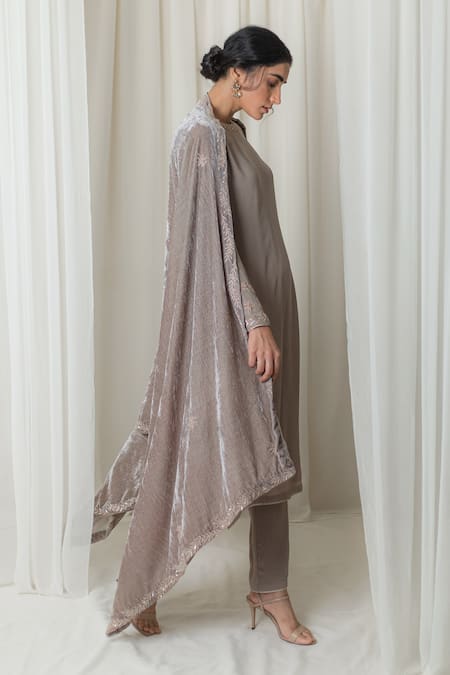 Shop_Lavanya Ahuja_Grey Silk Velvet, Crepe Round Kurta Set With Dupatta _Online_at_Aza_Fashions