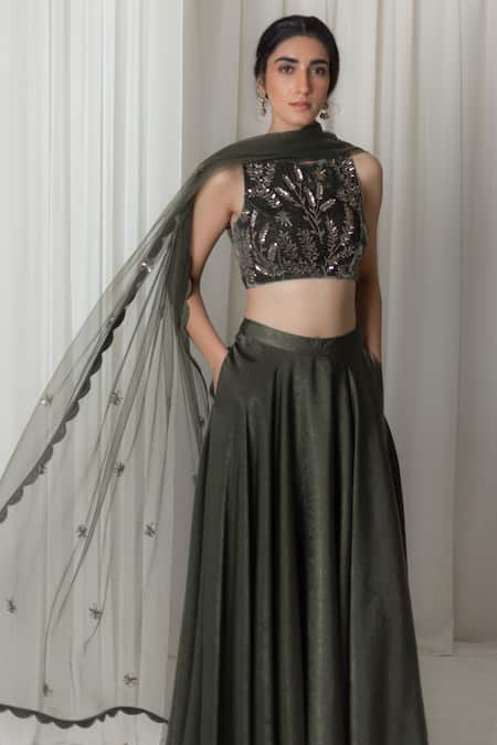 Lavanya Ahuja_Green Net, Silk Velvet, Sand Washed Satin Round Embroidered Blouse With Lehenga _Online_at_Aza_Fashions