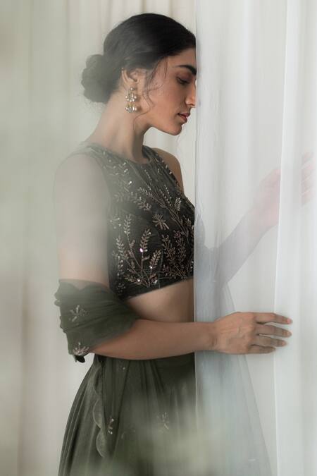 Buy_Lavanya Ahuja_Green Net, Silk Velvet, Sand Washed Satin Round Embroidered Blouse With Lehenga _Online_at_Aza_Fashions