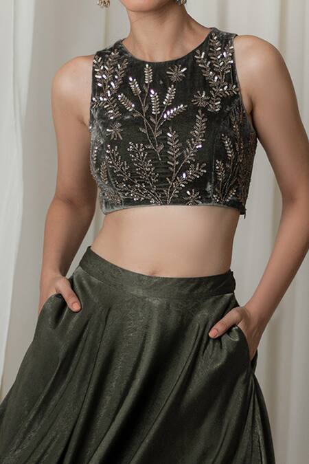 Shop_Lavanya Ahuja_Green Net, Silk Velvet, Sand Washed Satin Round Embroidered Blouse With Lehenga _Online_at_Aza_Fashions