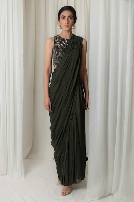 Shop_Lavanya Ahuja_Green Silk Velvet, Georgette, Satin Round Pre-draped Saree With Blouse _at_Aza_Fashions