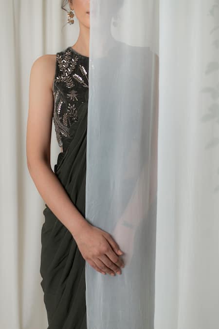 Shop_Lavanya Ahuja_Green Silk Velvet, Georgette, Satin Round Pre-draped Saree With Blouse _Online_at_Aza_Fashions