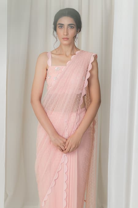 Shop_Lavanya Ahuja_Peach Organza, Georgette, Satin Square Neck Pre-draped Saree With Velvet Blouse_at_Aza_Fashions