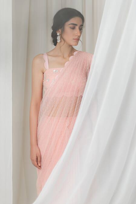 Lavanya Ahuja_Peach Organza, Georgette, Satin Square Neck Pre-draped Saree With Velvet Blouse_Online_at_Aza_Fashions