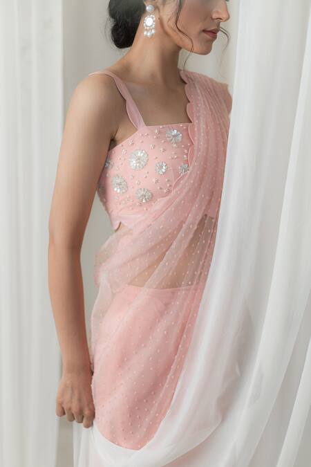 Shop_Lavanya Ahuja_Peach Organza, Georgette, Satin Square Neck Pre-draped Saree With Velvet Blouse_Online_at_Aza_Fashions