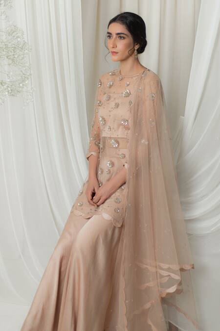 Lavanya Ahuja_Gold Net, Satin, Silk Organza Round Embroidered Tunic Set _Online_at_Aza_Fashions