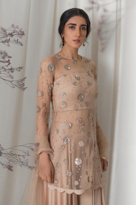 Buy_Lavanya Ahuja_Gold Net, Satin, Silk Organza Round Embroidered Tunic Set _Online_at_Aza_Fashions