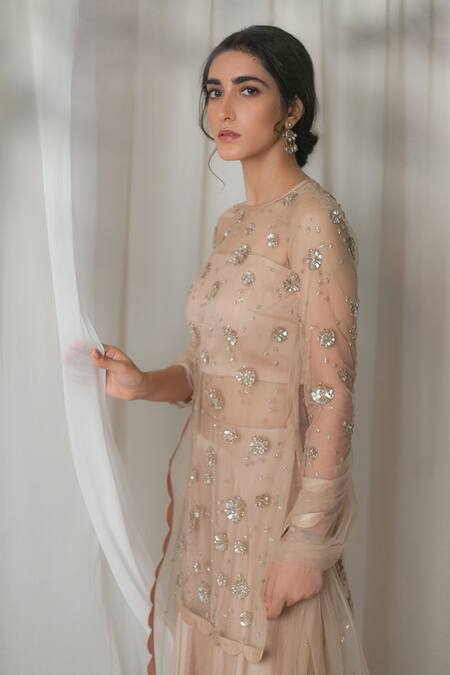 Shop_Lavanya Ahuja_Gold Net, Satin, Silk Organza Round Embroidered Tunic Set _Online_at_Aza_Fashions
