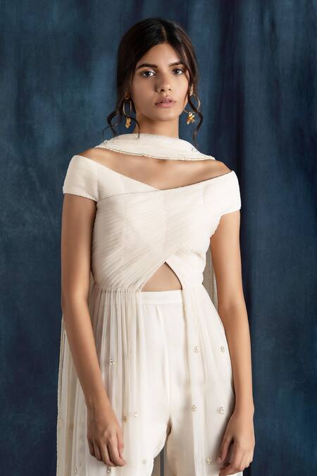 Lavanya Ahuja_White Net, Satin V Neck Embroidered Off Shoulder Kurta Set_Online_at_Aza_Fashions