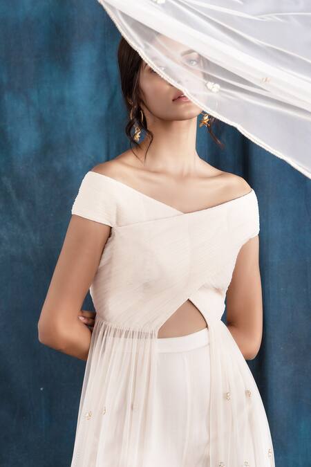 Buy_Lavanya Ahuja_White Net, Satin V Neck Embroidered Off Shoulder Kurta Set_Online_at_Aza_Fashions