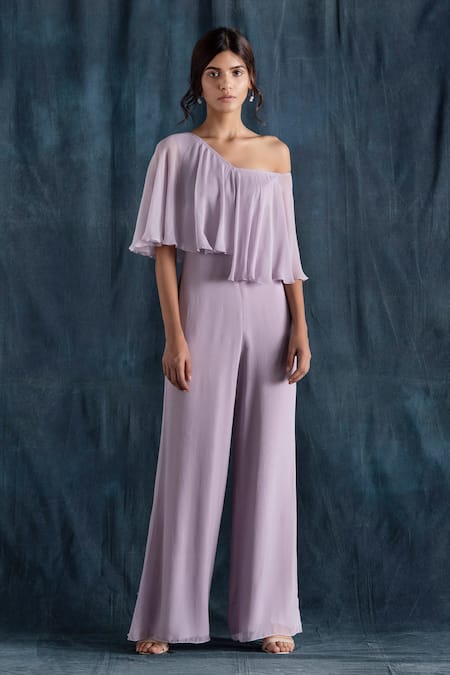 Lavanya Ahuja_Purple Georgette Asymmetric Overlay Jumpsuit _Online_at_Aza_Fashions
