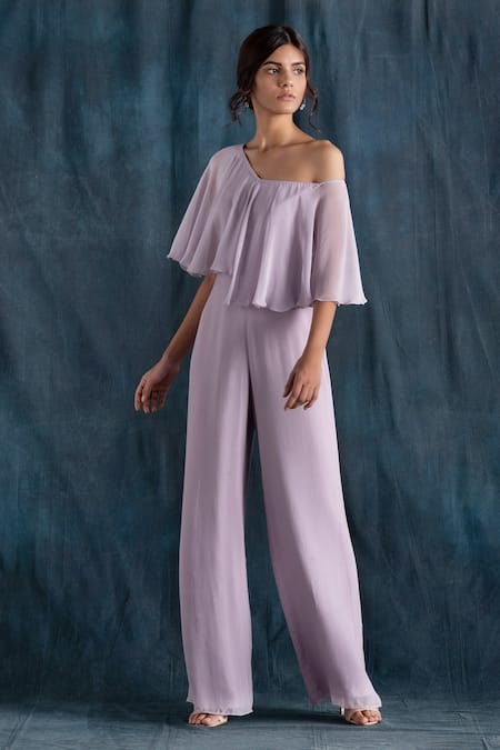 Buy_Lavanya Ahuja_Purple Georgette Asymmetric Overlay Jumpsuit _Online_at_Aza_Fashions
