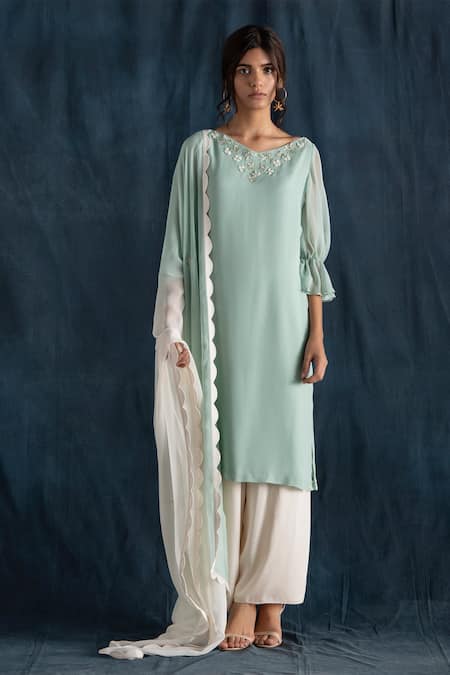 Shop Lavanya Ahuja Green Georgette, Satin V Neck Bell Sleeve Kurta Set at Aza Fashions Shop_Lavanya Ahuja_Green Georgette, Satin V Neck Bell Sleeve Kurta Set _at_Aza_Fashions