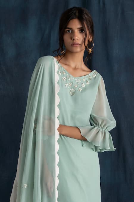 Buy Lavanya Ahuja Green Georgette, Satin V Neck Bell Sleeve Kurta Set Online at Aza Fashions Buy_Lavanya Ahuja_Green Georgette, Satin V Neck Bell Sleeve Kurta Set _Online_at_Aza_Fashions