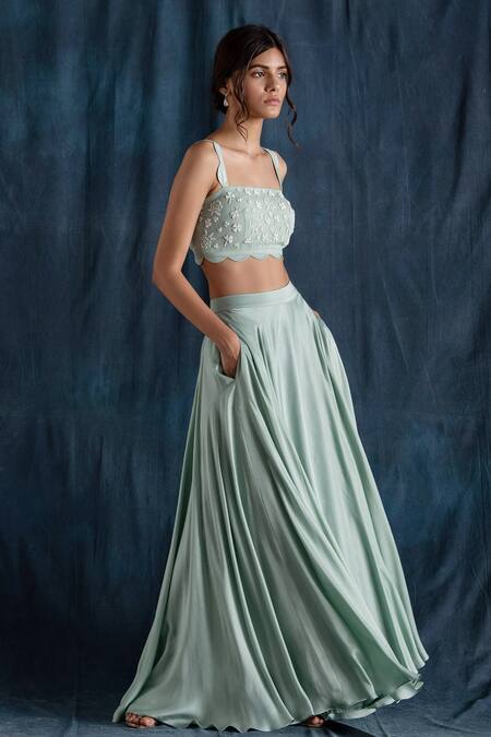 Lavanya Ahuja_Green Georgette, Satin Square Neck Lehenga And Embroidered Blouse Set _Online_at_Aza_Fashions
