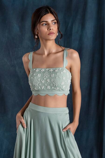 Buy_Lavanya Ahuja_Green Georgette, Satin Square Neck Lehenga And Embroidered Blouse Set _Online_at_Aza_Fashions