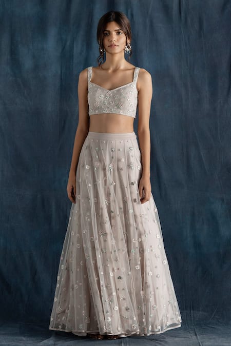 Shop Lavanya Ahuja Grey Net, Georgette, Satin V Neck Embroidered Bridal Lehenga Set at Aza Fashions Shop_Lavanya Ahuja_Grey Net, Georgette, Satin V Neck Embroidered Bridal Lehenga Set _at_Aza_Fashions