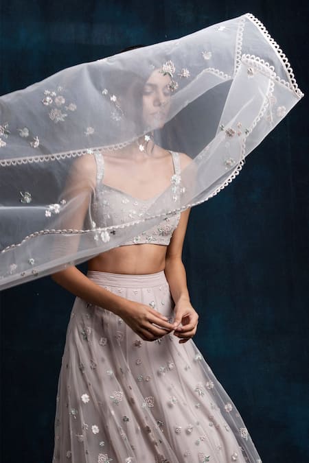 Lavanya Ahuja Grey Net, Georgette, Satin V Neck Embroidered Bridal Lehenga Set Online at Aza Fashions Lavanya Ahuja_Grey Net, Georgette, Satin V Neck Embroidered Bridal Lehenga Set _Online_at_Aza_Fashions