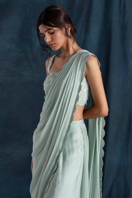 Lavanya Ahuja_Green Georgette, Satin Square Neck Pre-draped Saree With Embroidered Blouse _Online_at_Aza_Fashions