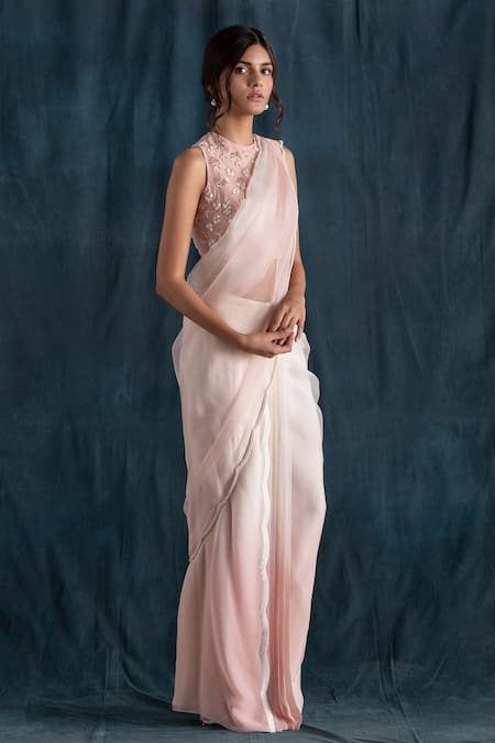 Lavanya Ahuja_Peach Georgette, Silk Organza Round Pre-draped Saree With Embroidered Blouse _Online_at_Aza_Fashions