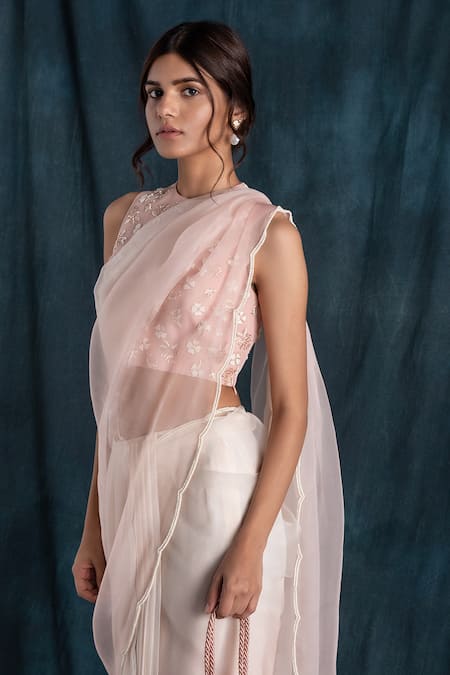 Buy_Lavanya Ahuja_Peach Georgette, Silk Organza Round Pre-draped Saree With Embroidered Blouse _Online_at_Aza_Fashions