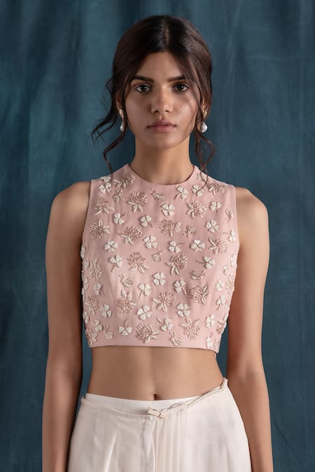 Shop_Lavanya Ahuja_Peach Georgette, Silk Organza Round Pre-draped Saree With Embroidered Blouse _Online_at_Aza_Fashions