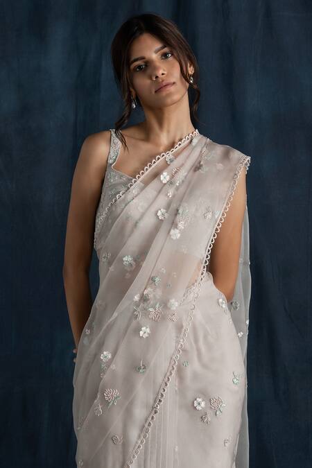 Buy_Lavanya Ahuja_Grey Georgette, Silk Organza V Neck Embroidered Pre-draped Saree Set _Online_at_Aza_Fashions