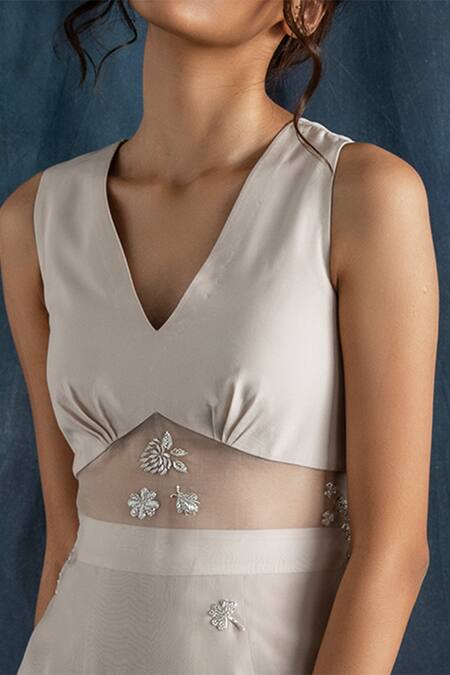 Shop_Lavanya Ahuja_Grey Georgette, Silk Organza V Neck Tunic And Pant Set _Online_at_Aza_Fashions