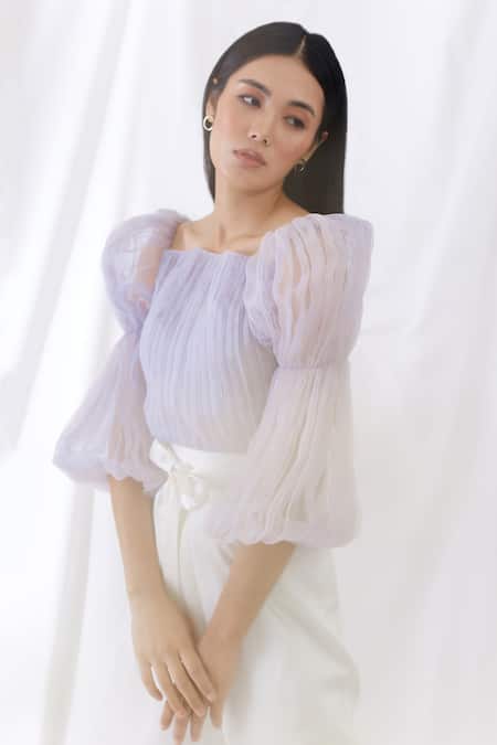 Buy Lavanya Ahuja Purple Silk Organza Square Neck Crop Top Online at Aza Fashions Buy_Lavanya Ahuja_Purple Silk Organza Square Neck Crop Top _Online_at_Aza_Fashions