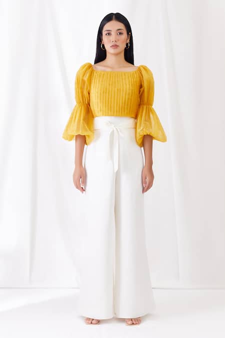 Shop Lavanya Ahuja Yellow Organza Square Neck Crop Top at Aza Fashions Shop_Lavanya Ahuja_Yellow Organza Square Neck Crop Top _at_Aza_Fashions