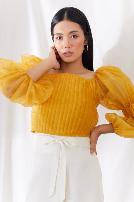 Shop Lavanya Ahuja Yellow Organza Square Neck Crop Top Online at Aza Fashions Shop_Lavanya Ahuja_Yellow Organza Square Neck Crop Top _Online_at_Aza_Fashions