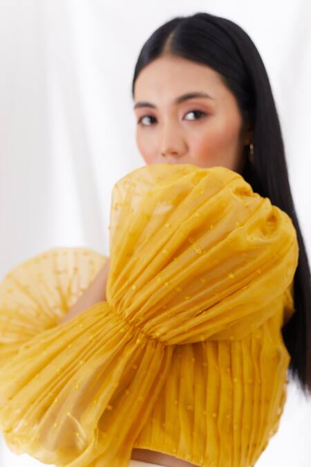 Lavanya Ahuja Yellow Organza Square Neck Crop Top at Aza Fashions Lavanya Ahuja_Yellow Organza Square Neck Crop Top _at_Aza_Fashions