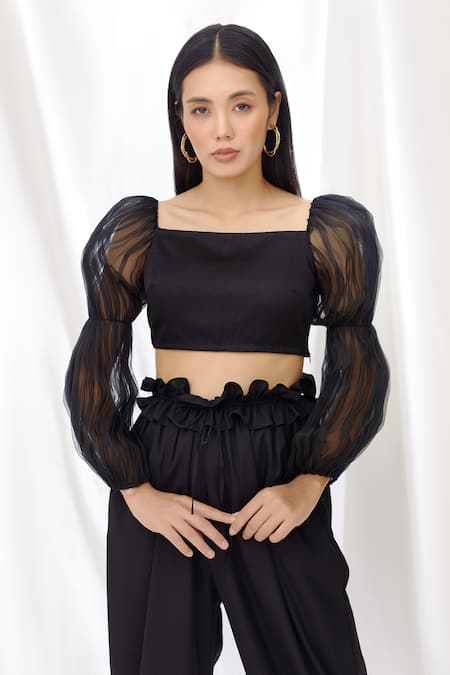 Lavanya Ahuja Black Silk Organza, Linen Satin Square Neck Balloon Sleeve Crop Top