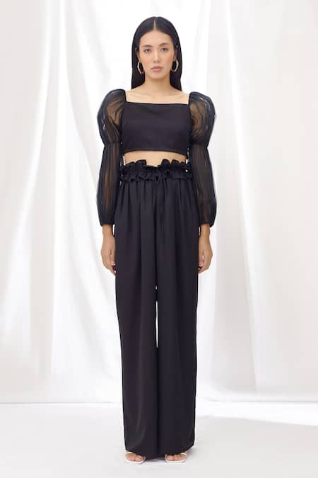 Shop Lavanya Ahuja Black Silk Organza, Linen Satin Square Neck Balloon Sleeve Crop Top at Aza Fashions Shop_Lavanya Ahuja_Black Silk Organza, Linen Satin Square Neck Balloon Sleeve Crop Top _at_Aza_Fashions