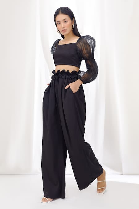 Lavanya Ahuja Black Silk Organza, Linen Satin Square Neck Balloon Sleeve Crop Top Online at Aza Fashions Lavanya Ahuja_Black Silk Organza, Linen Satin Square Neck Balloon Sleeve Crop Top _Online_at_Aza_Fashions