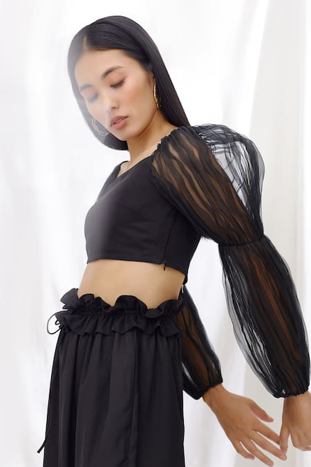 Buy Lavanya Ahuja Black Silk Organza, Linen Satin Square Neck Balloon Sleeve Crop Top Online at Aza Fashions Buy_Lavanya Ahuja_Black Silk Organza, Linen Satin Square Neck Balloon Sleeve Crop Top _Online_at_Aza_Fashions