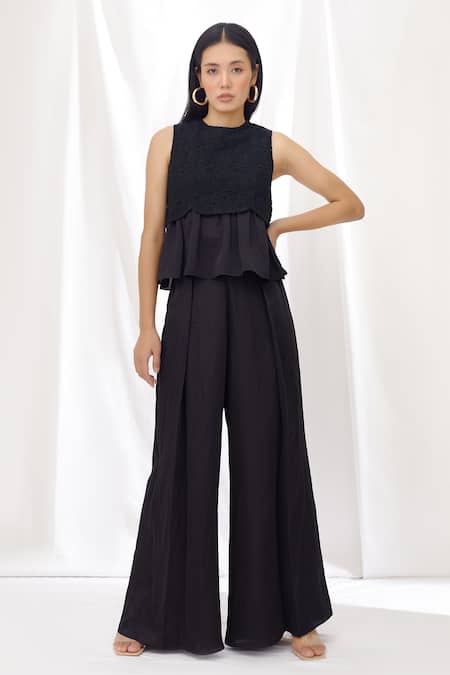 Lavanya Ahuja Black Lace Linen Satin Round Embroidered Peplum Top Online at Aza Fashions Lavanya Ahuja_Black Lace Linen Satin Round Embroidered Peplum Top _Online_at_Aza_Fashions