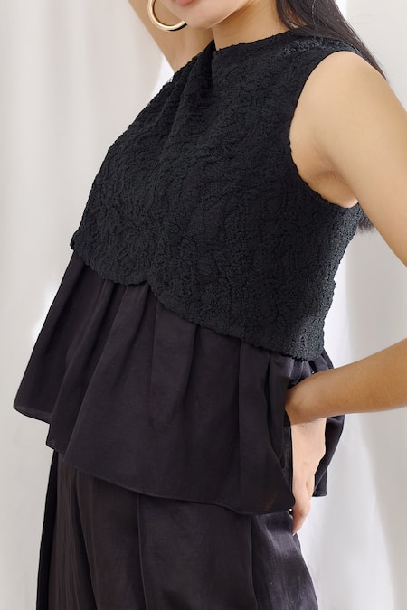 Buy Lavanya Ahuja Black Lace Linen Satin Round Embroidered Peplum Top Online at Aza Fashions Buy_Lavanya Ahuja_Black Lace Linen Satin Round Embroidered Peplum Top _Online_at_Aza_Fashions