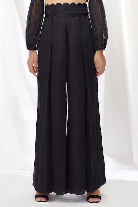 Shop_Lavanya Ahuja_Black Linen Satin High-waisted Trouser _Online_at_Aza_Fashions