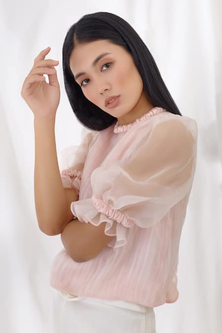 Buy Lavanya Ahuja Pink Silk Organza Round Crop Top Online at Aza Fashions Buy_Lavanya Ahuja_Pink Silk Organza Round Crop Top _Online_at_Aza_Fashions